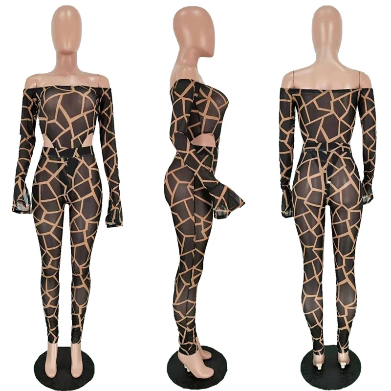 

ZKYZWX Sexy Club Birthday Outfits Mesh Sheer Plaid Two Piece Set Women Rave Festival Clothing Bodysuit and Pant Matching Sets