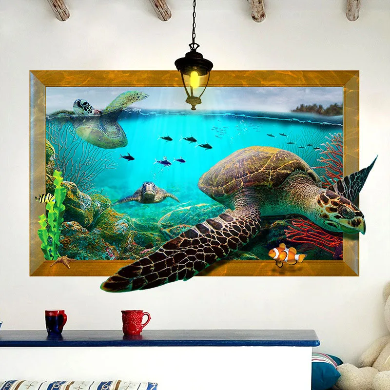 

3D Sea World Turtle Wall Sticker Submarine Fish Decals Coral House Decoration for Kids Room Wallpaper Cartoon Animals Home Decor