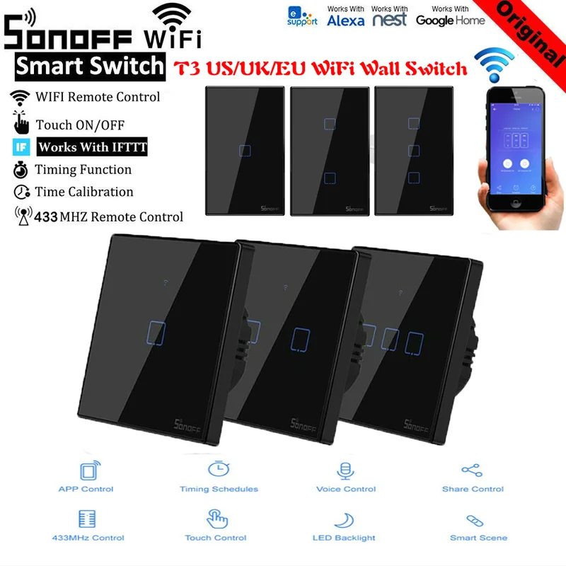 SONOFF T3 TX US/EU/UK 433 RF Control 1/2/3 Gang Basic Smart Home Wifi Touch Wall Light Switch Work With Alexa Google | Электроника