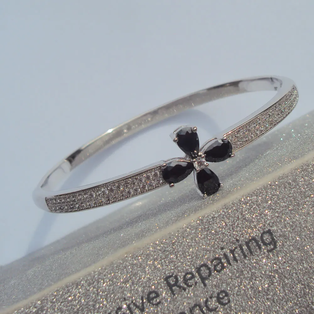 &quotxu ping &quot Elegance Senior design 18 K Fine Solid White Gold GF CZ Cubic Zircon Cross black Flower Macrame Bracelet 60# Women |