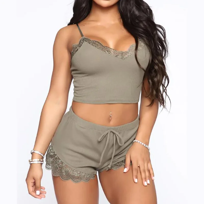 

Summer Sexy Women Sets Lace Pajama Sets Casual Tank Tops Camis Shorts Nightwear Pyjamas Casual Solid Ladies Lingerie Homewear