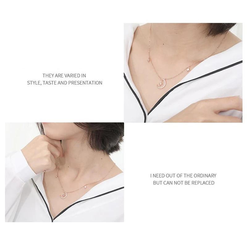 

925 Sterling Silver Star and Moon Pendant Necklace For Women Crystal Pendant Necklace Gold Color Choker Necklaces Jewelry