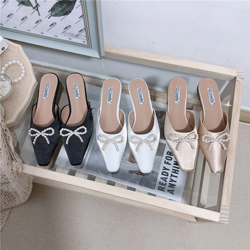 

Satin Ladies Sandals and Slippers Fashion Bow Design Flat Shoes Shallow Mouth Pearl Bow Mules Ladies Casual Drag Sandals