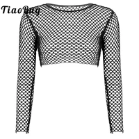 pole dance top women fishnet long sleeve mesh crop t shirt summer fashion black transparent tshirt