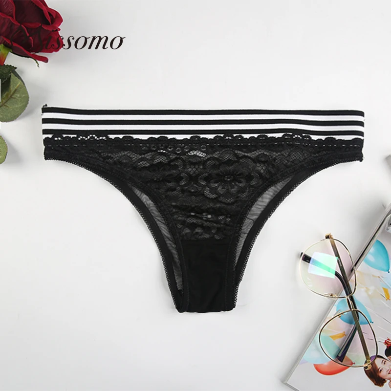 Женские кружевные трусы Missomo черные эластичные полупрозрачные с отверстиями в