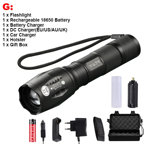 Package G Светодиодный фонарь V6 T6 L2, тактический фонарь, ультра яркий, 200 м, освещение для кемпинга, масштабируемые фонари, 5 режимов использования, аккумулятор 18650 - Испускаемый цвет: Package G