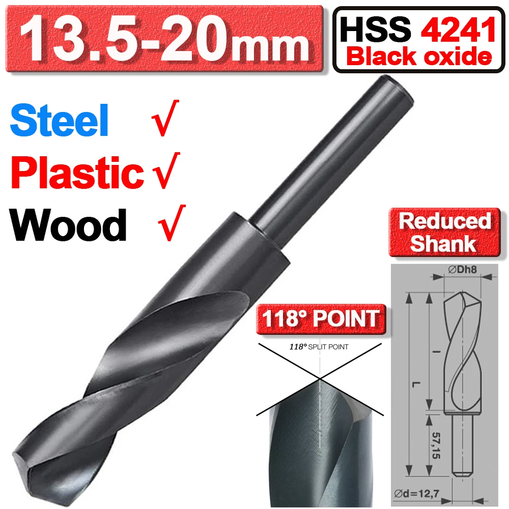

1/2'' Reduced Shank Twist Drill Bit HHS-G Black Oxide Blackmith Drill Bit 13.5-20 mm Metric Drill Bit For Steel Plastic Wood D30