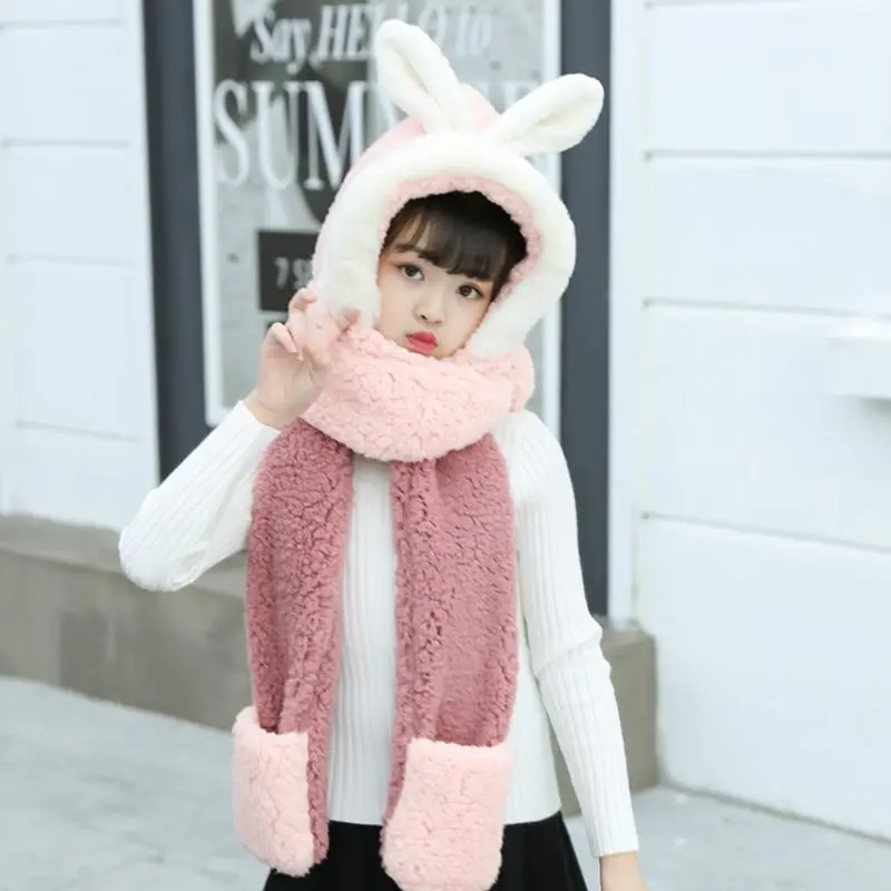 

Kids 3 in 1 Scarf Hat Gloves Stitching Color Adorable Rabbit Ear Hoodie Earflap