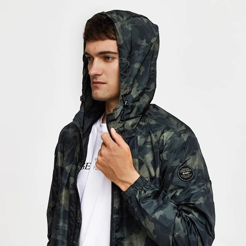TIGER FORCE Spring Men Casual Jacket Hooded Camouflage Jacket with Print Men's Windbreaker Coat Male Army Camo Outwear