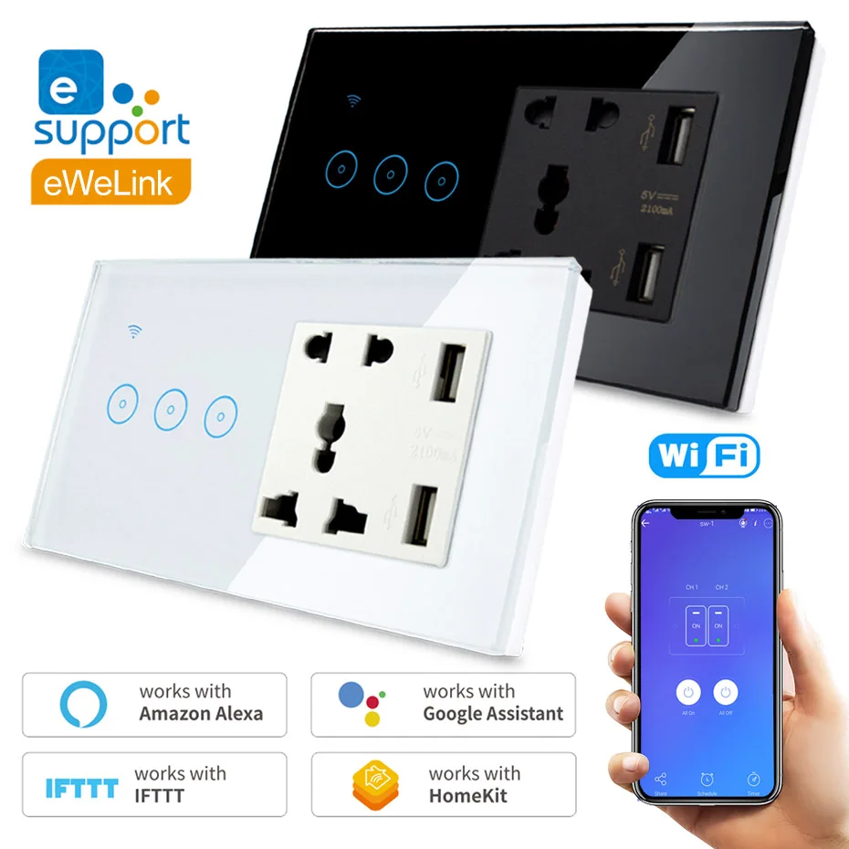 

WiFi Smart Switch with USB Universal Socket 1 2 3 Gang 90V-240V Touch Wall Light Switch Work with Alexa Google Home EU US UK AU