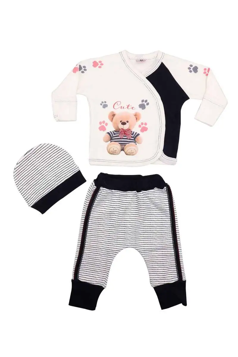 

Baby Striped Bear Bodysuit Set 3-Piece Cotton Healthy Baby Clothes Protective Durable Washable Printed Hat Set