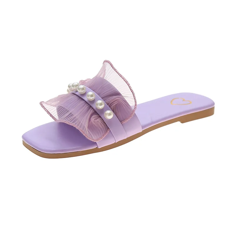 

Slippers Women Summer Slides Low Beach Shoes Pantofle String Bead Fashion Soft Sabot 2021 Flat Luxury Rome Basic Rubber Hoof Hee