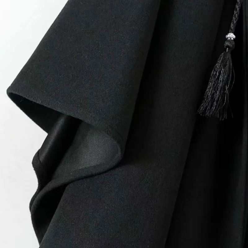 Vintage Gothic Black Hooded Cape Poncho Women Loose Cloak Ponchos Coat Cardigan Trench Open Fringe Hooded Wraps Capas Autumn