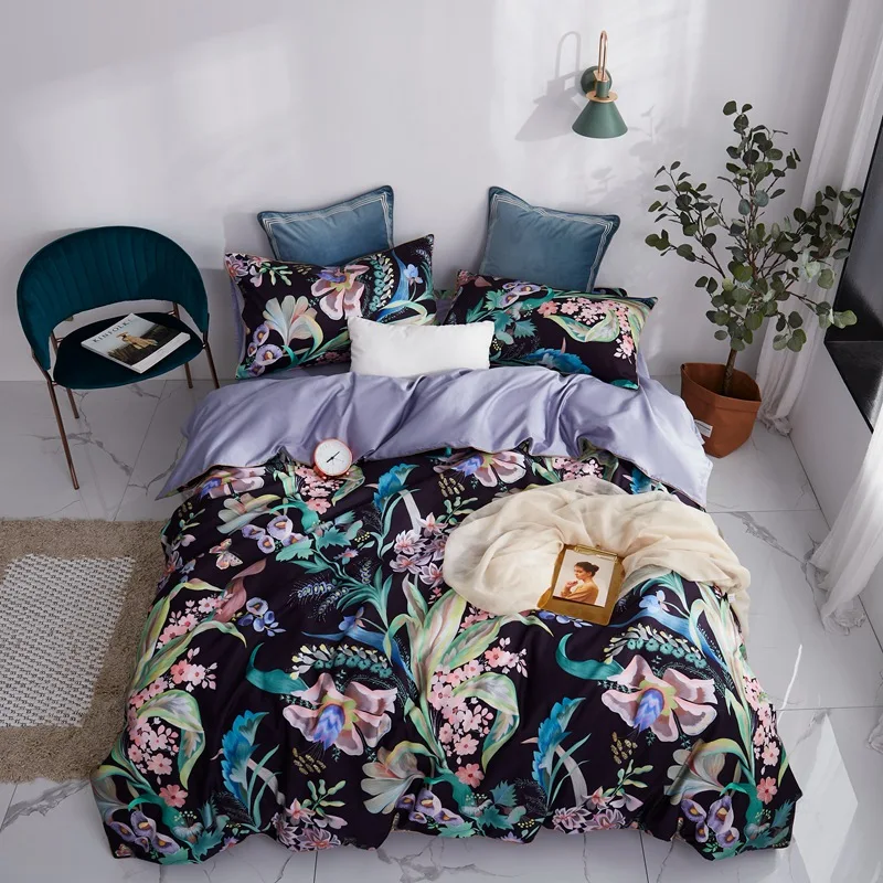 Black floral bedding set Egyptian cotton fabric pillowcases flower print pastoral bed linen duvet cover queen king size | Дом и сад