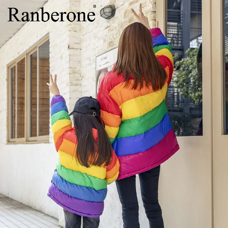 Ranberone Winter Jacket Women Hooded Parka Coat Rainbow Clothes Girl Cotton Outwear Warm Thick Casual Hooded Jacket Clothing