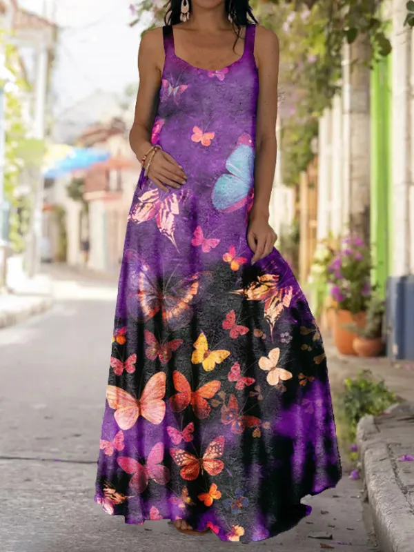 

Large Sizes Summer Butterfly Print Dress Women Oversized Boho Clothes Beach Sleeveless Long Dress Casual S-5XL Plus Size Dresses