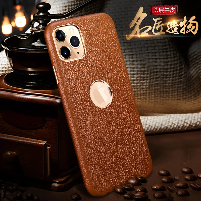 Чехол из натуральной воловьей кожи для iPhone 7, 8 Plus, X, XR, XS, 11 Pro, Max, бизнес чехол из зернистой кожи с металлической кнопкой
