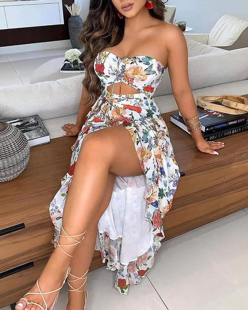 

2021 Spring Summer Women Fashion Sexy Elegant Bandeau Floral Butterfly Print Cutout High Slit Dress Beachwear