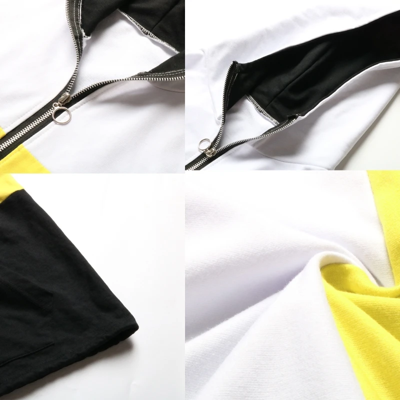 

Women Long Sleeves Loose Hooded Sweatshirt Zipper Hoodie Stitching Contrast Color Casual Pullover Tops with Side Pockets