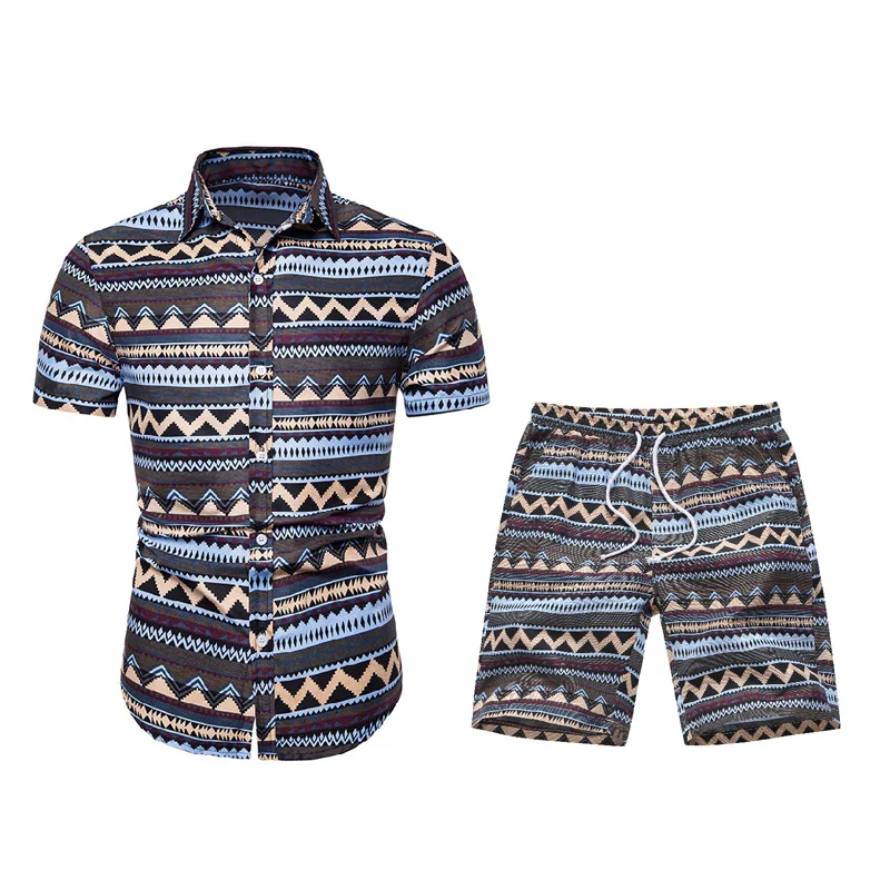 Гавайская одежда мужские комплекты пляжные шорты с коротким рукавом и принтом