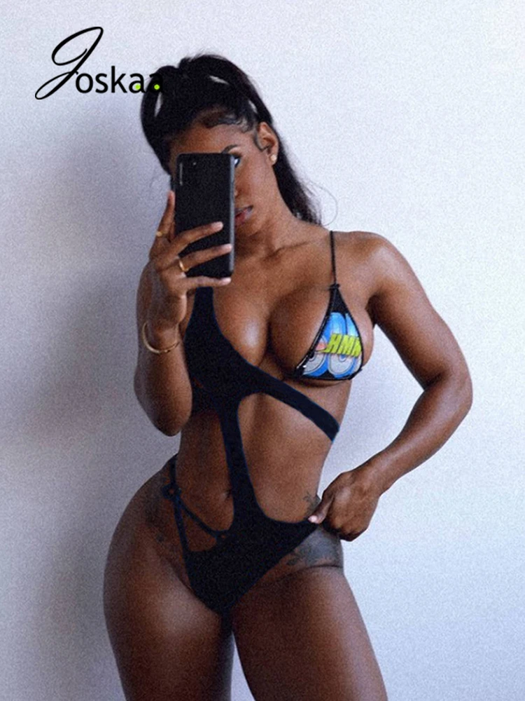 

Joskaa Summer Hollow Out Skinny Strap Bodysuit Fashion Vacation Party Outfit Women Low Chest Backless Swimsuit Beachwear 2021