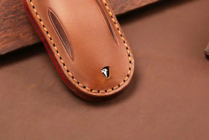 

Handmade Geunine Leather Car Key Case Cover For Tesla Model S Model 3 Key Holder Accessories