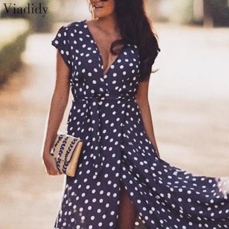 

Women Summer Dress Boho Style V Neck Maxi Dresses Women Beach Dress Woman Sundress Polka Dot Print Ladies Long Dresses
