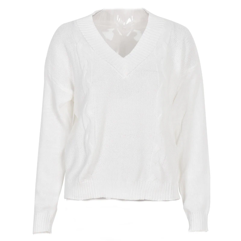 Женский вязаный свитер с открытыми плечами и v-образным вырезом Осенний пуловер