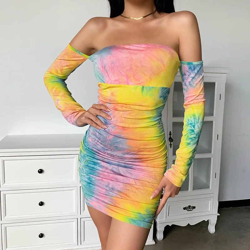 

Europe and America Sexy Dress Slinky Off Shoulder Slash Neck Tie Dye Pleated Long Sleeve Y2k Mini Dresses for Women Party