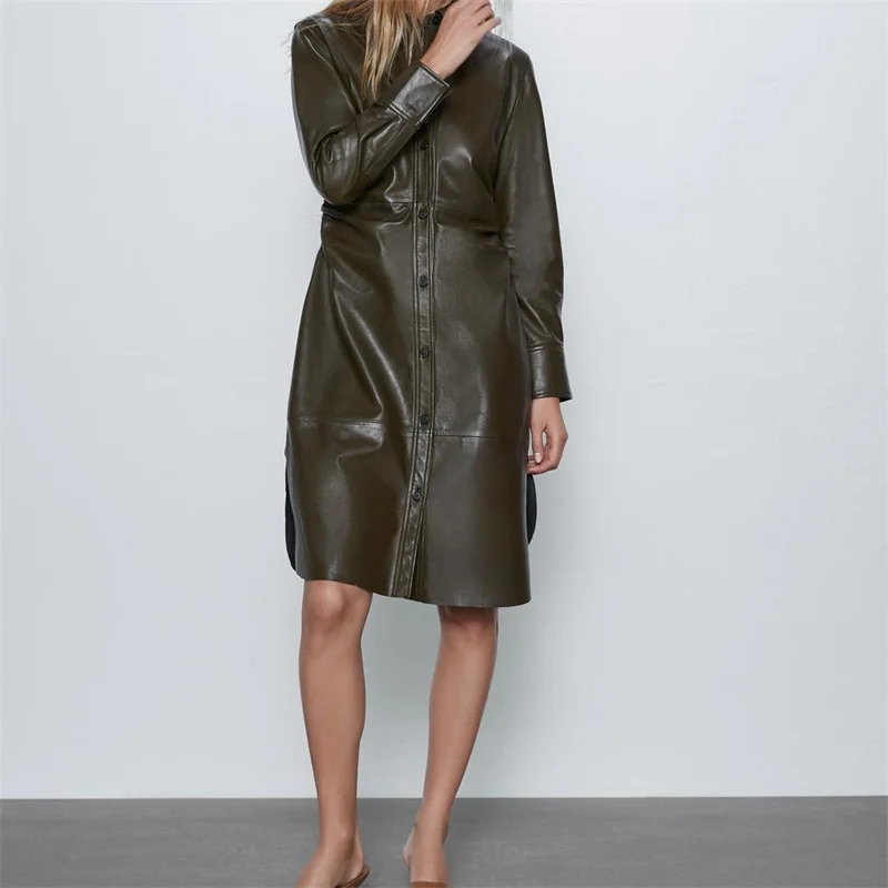 Женское драпированное платье миди из искусственной кожи винтажное с длинным