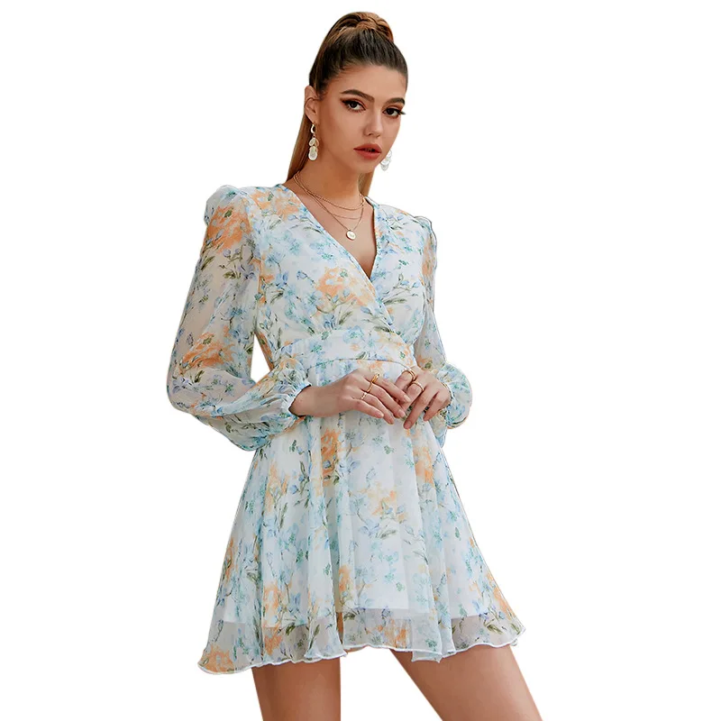 

Spring 2021 European and American Printed Dress Cross-Border Amazon Women's Clothing Sexy Fashion V-neck A- line Dress for Women