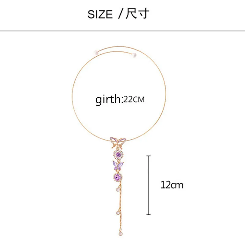 

JTCFLY Korean Elegant Metal Round Chain Choker Jewelry For Women Girls Fashion Purple Crystal Butterfly Necklace
