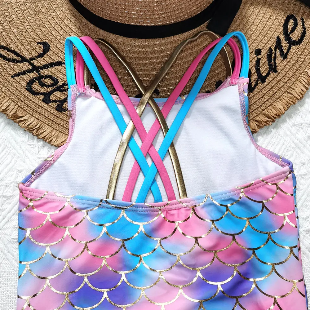 Женский слитный купальник с ракушками-фестонами и блестками детский пляжная