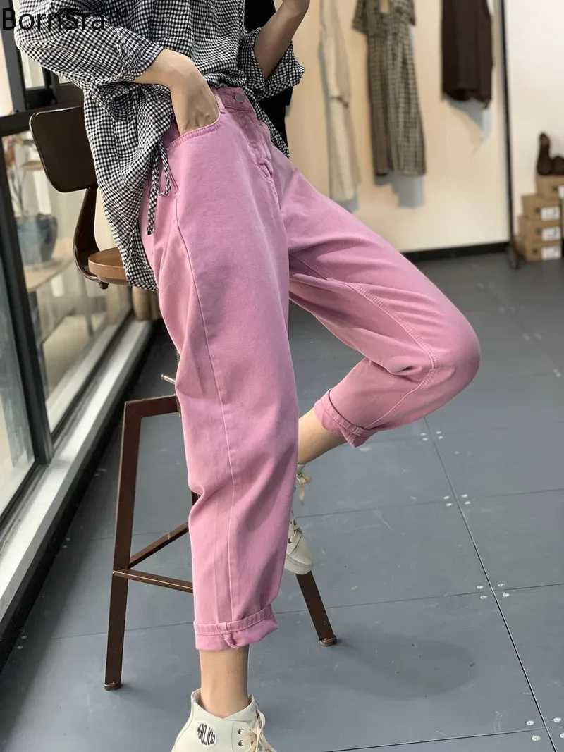 

Bornsra 2020 Loose Ankle-Length Pants Cotton Button Fly Harem Pants High Street High Waisted Woman Jeans Korean Female