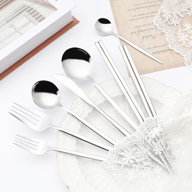 

Stainless Steel Food Chopsticks Spoon Set Long Handle Non-slip Chopsticks Dessert Spoons Dinnerware Set посуда для кухни