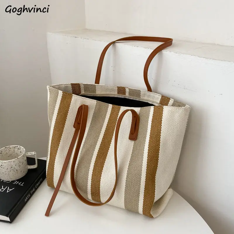 

Shoulder Bags Women Large Capacity Canvas Casual Totes Zipper Female Underarm Simple Travel Handbags Shopping Korean Striped Ins