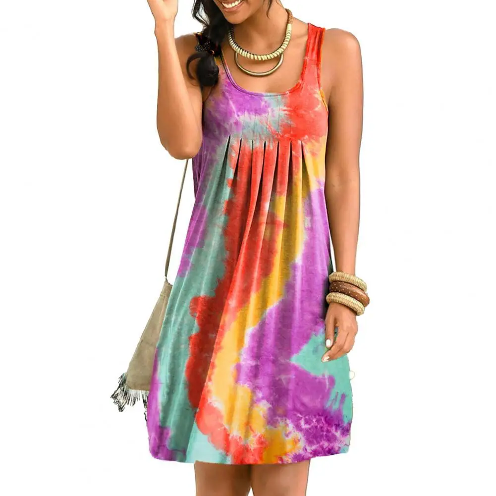 

Tie Dye Print Woman Dresses Sexy Loose Streetwear Casual O Neck Draped Sleeveless Tank Beach Sundress Mini Summer Dress Платье