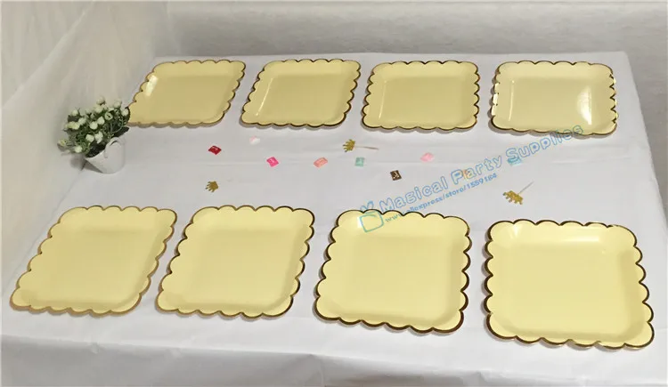 

64pcs Pastel Yellow Paper Plates Birthday Wedding Decorations Large 9inch Dinner Plates Foil Gold Scalloped Edge Cake Tableware