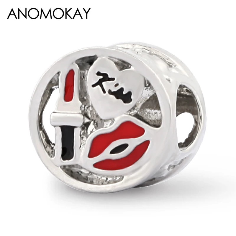 Anomookay новые полые Красная Помада Шарм подходящие Браслеты и ожерелья круглые