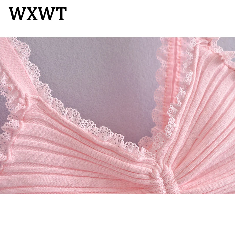 

WXWT Women High Elasticity Screw Thread knitting Lace Camis Crop Top Sleeveless Backless Female Solid Tops LDZZ6463