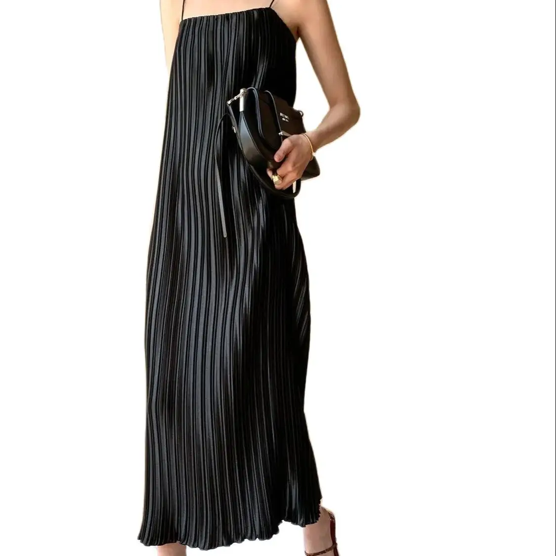 

LPOPENGL 2021 New Design Long Sexy Dress Women Solid Spaghetti Strap Pleated Dress Summer Loose Casual Lady Dresses Vestido