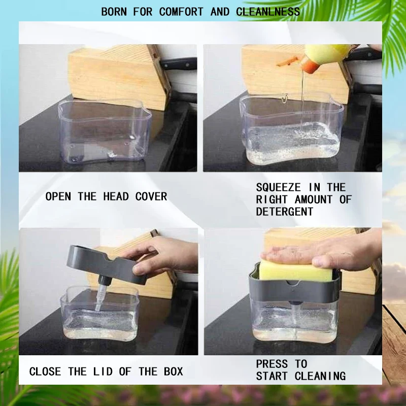 

Soap Pump Dispenser Kitchen Dishwashing Liquid Box Hand Press Box Clean Water Container with Sponge Combination Cleaner Tool