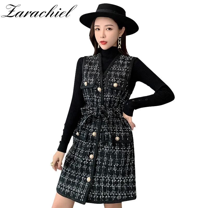 Женский элегантный комплект из 2 предметов однобортное твидовое клетчатое