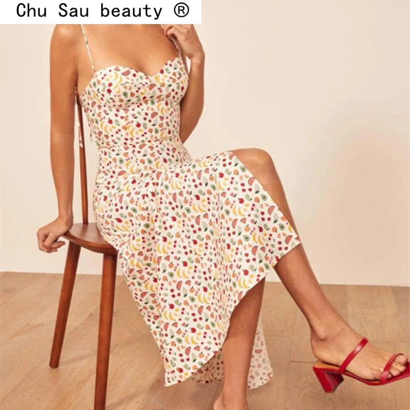 

2021 New Fashion Summer Sexy Party Evening Fruit Print Midi Dress Women Casual Style Backless Sleeveless Sling Dresses Female