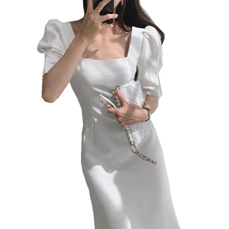 

French Style Temperament Puff Sleeve Square Collar Dress Women's Summer Fishtail Slim Hip Waist Slimming White Skirt