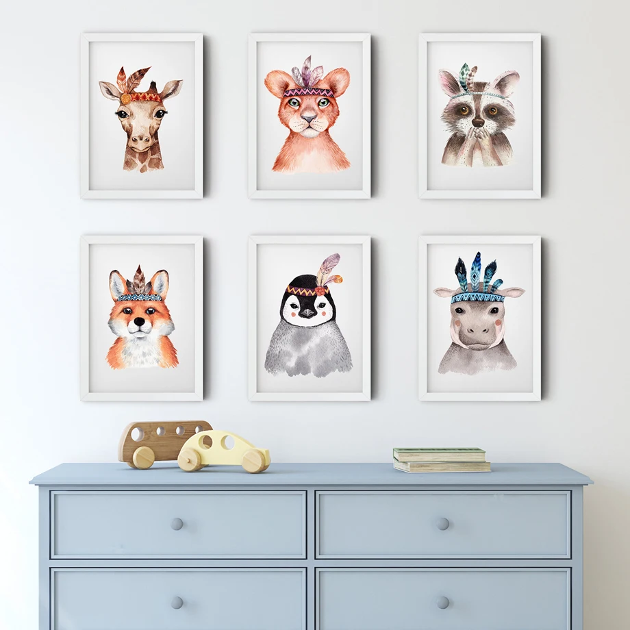 Перо медведь олень бегемот пингвин тигр скандинавские плакаты и принты