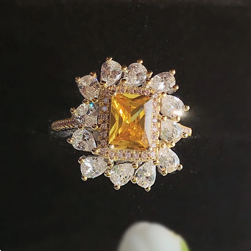 

COSYA 100% 925 Sterling Silver Yellow Zircon Sunflower High Carbon Diamond Glittering Engagement Party Ladies Ring Fine Jewelry