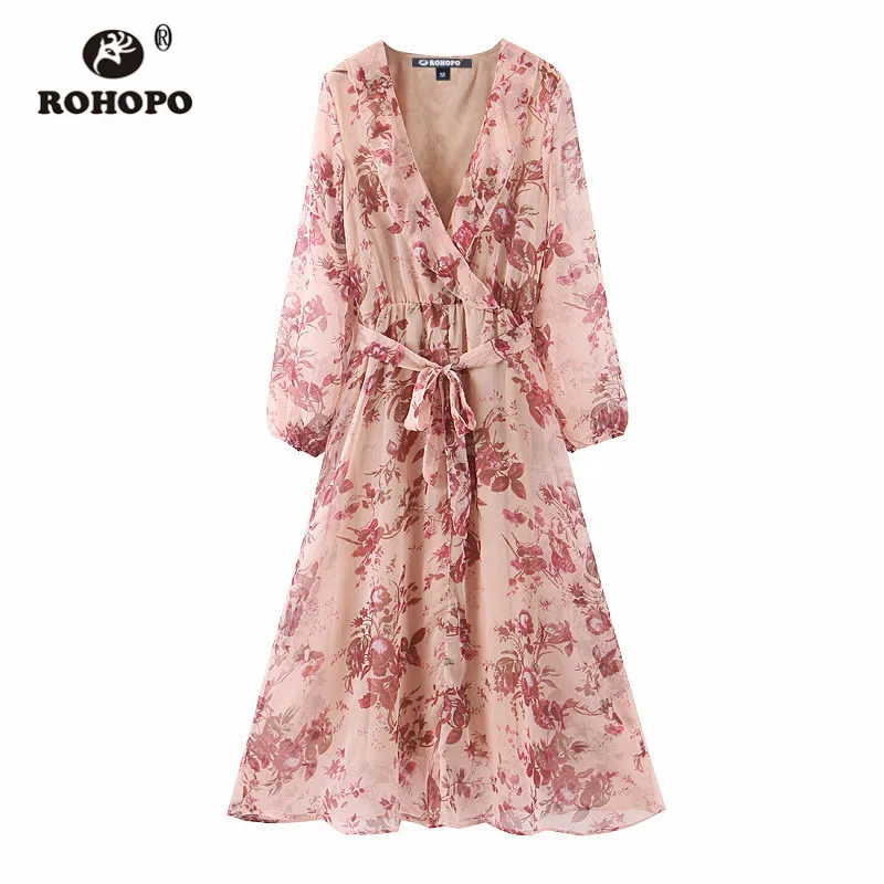 ROHOPO Двухслойное с зубчатым воротником красное цветочное поясом розовое