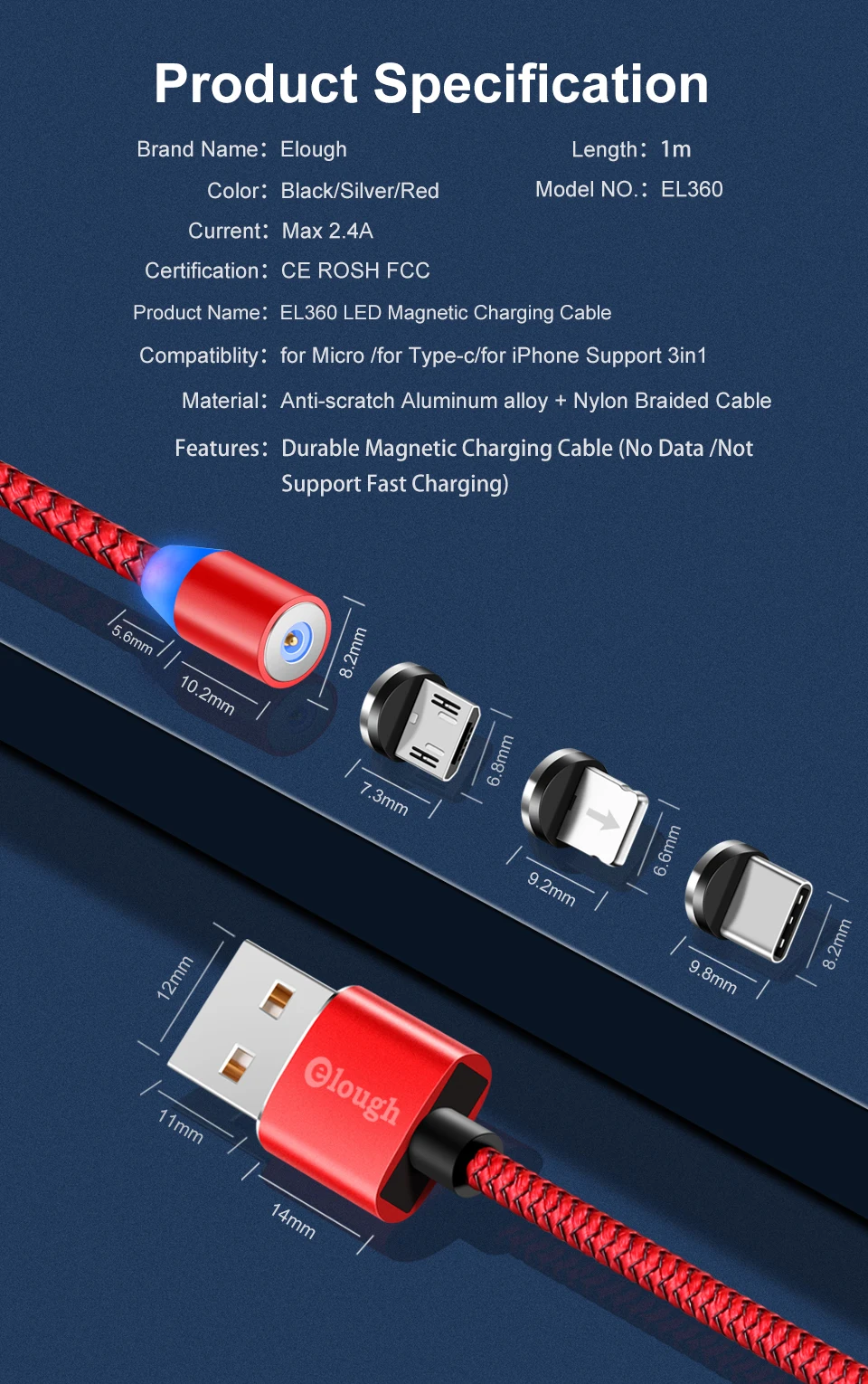 Elough El360 Магнитный зарядный Usb C кабель для iPhone 7 plus зарядное устройство мобильного телефона магнит зарядное устройство Micro USB кабели Тип C провод