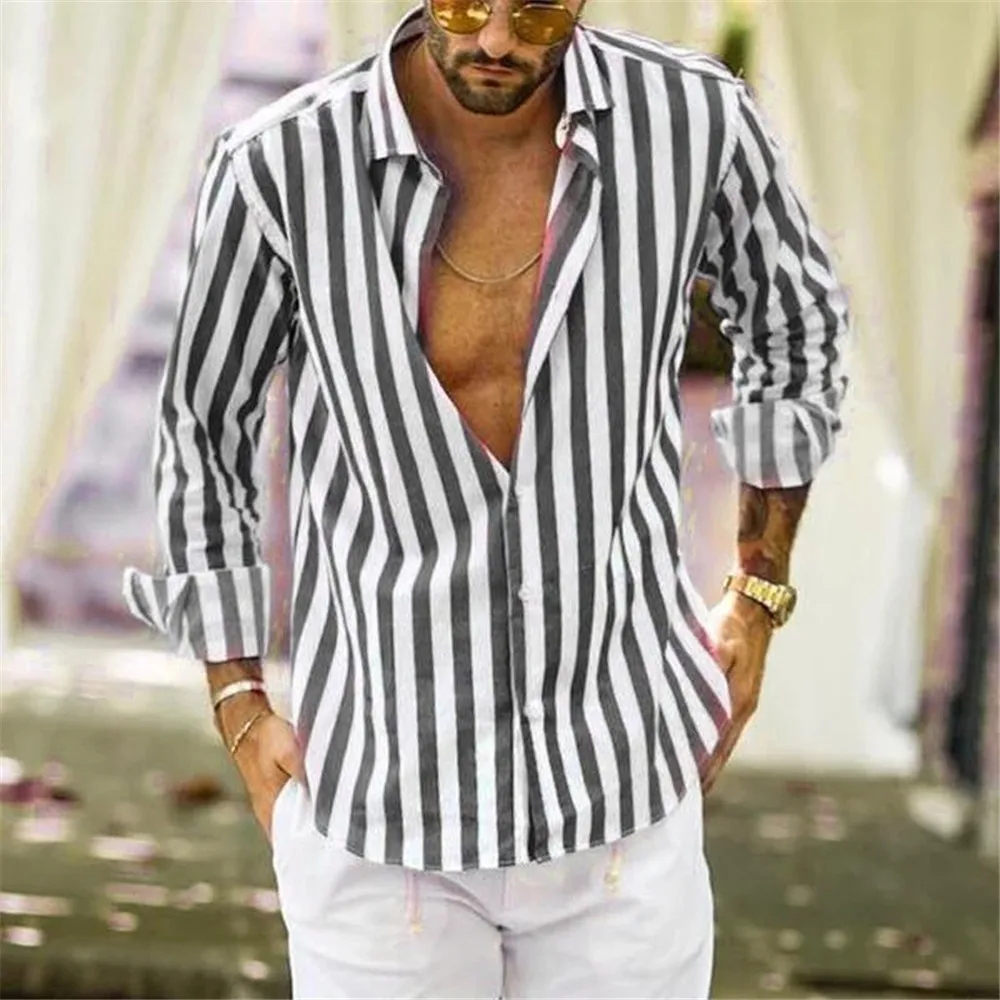 

Camisa rayada informal para hombre, camisa de manga larga con botones y cuello vuelto, ropa de calle elegante suelto, blusa de v